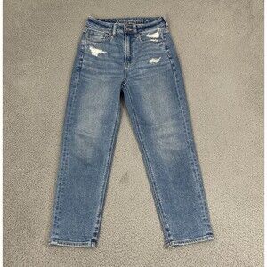 American Eagle Mom Jeans Women's 2 Medium Wash Stretch Straight Leg Distressed